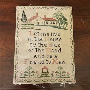 Vintage Embroidered cross stitch Wall Art with House and Tree Design 12”x9 1/8”